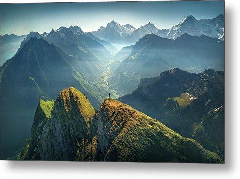 Metal Print mockup of Grindelwald Mountain view in summer - hiker enjoying the view 